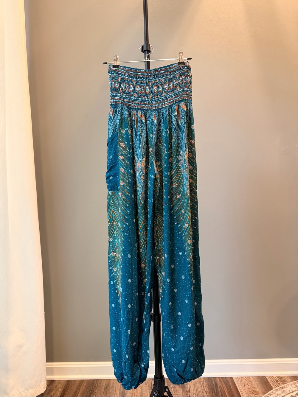 Gypsy Rose Bohemian Wide Harem Pants Smocked Waist S/M Festival Hippie Peacock
